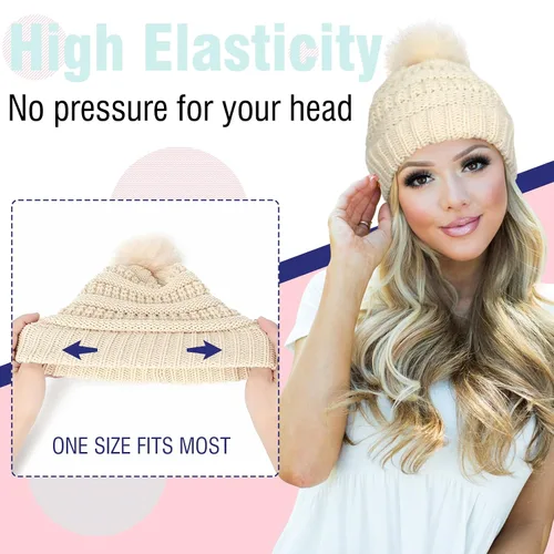 Miniatura 2 de Gorro Peluca Gorro de Lana con Cabello Extensiones Largas Onduladas Gorro de Punto con Pompón Adjunto de 20" Pieza de Cabello Sintética Removible