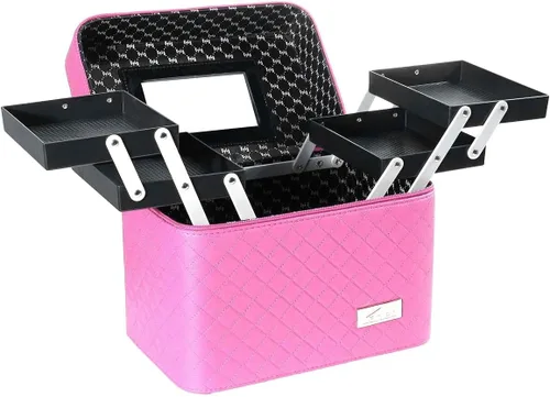 Miniatura 7 de Sooyee Bolsa de maquillaje con espejo, organizador de maquillaje, bolsa de viaje para cosméticos con bandeja plegable, bolsas de cosméticos