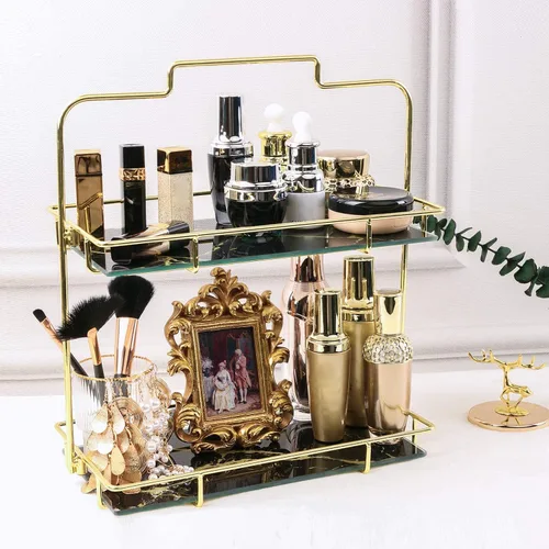 Miniatura 5 de Organizador de maquillaje, organizador de baño de 2 niveles, estante de almacenamiento de cosméticos para tocador y encimera, cesta organizadora