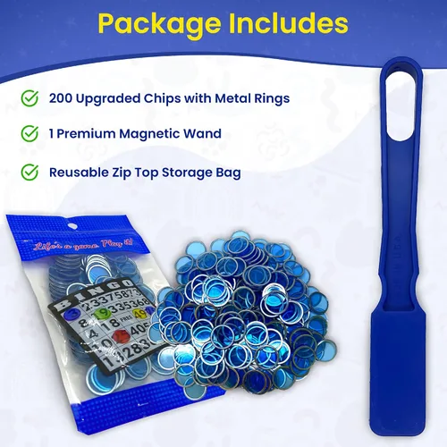 Miniatura 2 de MR CHIPS Varita magnética de bingo mejorada hecha en Estados Unidos y 200 piezas de chips de plástico azul de 3/4 pulgadas con anillos de metal