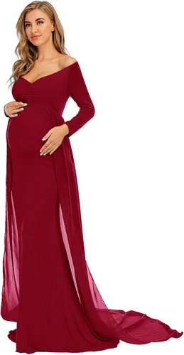Miniatura 2 de ZIUMUDY Vestido de maternidad de manga larga con hombros descubiertos, vestido de gasa para sesión de fotos, baby shower