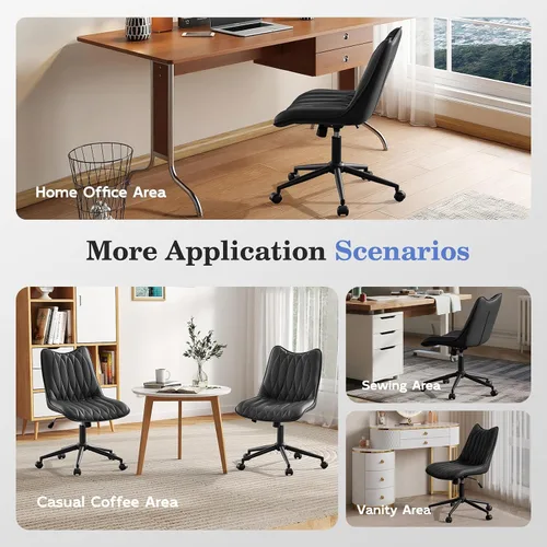 Miniatura 6 de Silla de oficina sin brazos, silla de escritorio sin brazos, silla giratoria ajustable con ruedas, tapizada de piel sintética, compacta