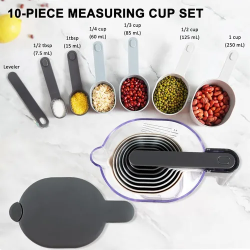 Miniatura 6 de Juego de 19 piezas de tazas medidoras y cucharas, incluye 10 tazas medidoras apilables con tapa y 9 cucharas medidoras magnéticas, cucharada para 19