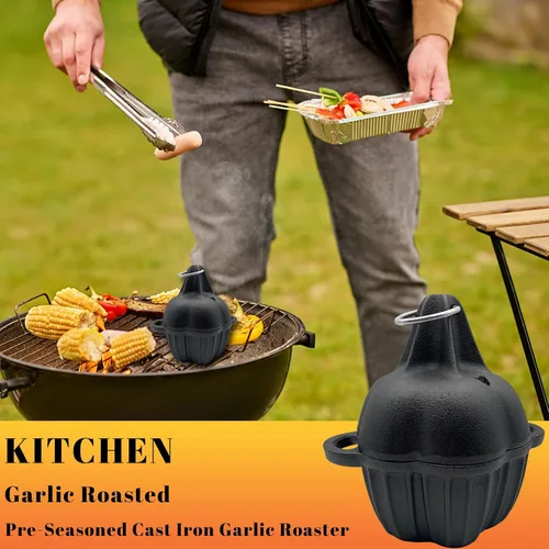 Miniatura 4 de Asador de hierro fundido, caja de ahumador de hierro fundido pre-sazonado para asar a gas, asador de ajo para horno, ideal para ahumar, asar, ajo