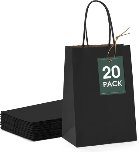 Miniatura 13 de GSSUSA Paquete de 200 bolsas de regalo de papel negro de 5.25 x 3.75 x 8 pulgadas, bolsas de papel kraft negras con asas a granel para compras