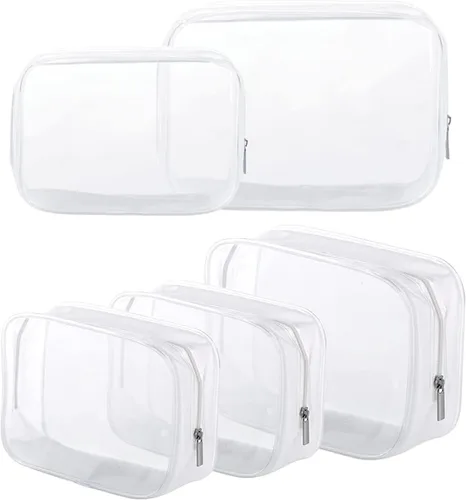 Miniatura 10 de Paquete de 5 bolsas de aseo de plástico transparente con cremallera aprobadas por la TSA, bolsa portátil para maquillaje y cosméticos para Blanco