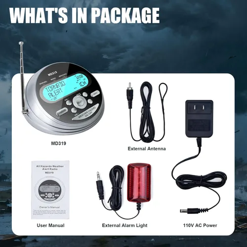 Miniatura 11 de NOAA Weather Radio-S.A.M.E. Programación localizada, radio de alerta meteorológica con más de 80 alertas de emergencia, reloj despertador, radio