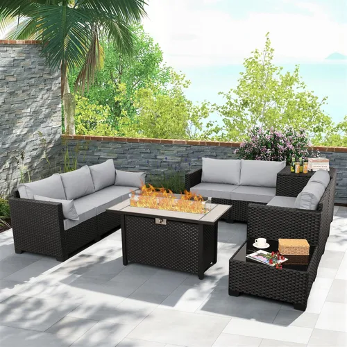 Miniatura 2 de Rattaner Juego de muebles de patio de 6 piezas, mesa de fuego para exteriores, fogata de gas de 45 pulgadas con caja de almacenamiento al aire Gris