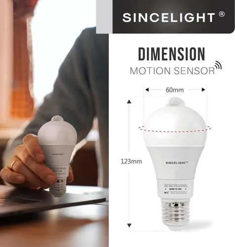 Miniatura 5 de SINCELIGHT Bombilla LED con sensor de movimiento de 9 W con base E26, PIR activada por movimiento en la oscuridad, encendido/apagado automático por
