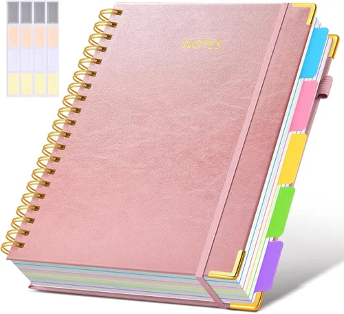 Miniatura 52 de Cuaderno universitario de espiral con tapa dura de cuero de 8 x 10 pulgadas, con pestañas separadoras extraíbles, para 5 materias, a rayas; diario