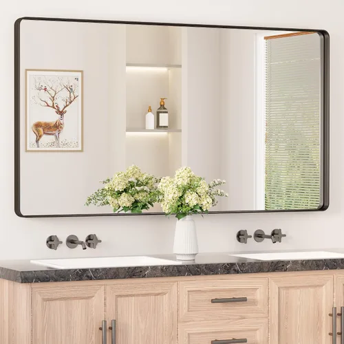 Miniatura 15 de Keonjinn Espejos de baño negros para sobre el fregadero, espejos cuadrados grandes de 36 x 36 pulgadas para pared, espejo rectangular redondeado
