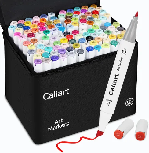 Caliart Marcadores a base de alcohol de 121 colores, juego de marcadores artísticos de doble punta cincel y finos, bolígrafos de colores permanentes