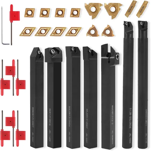 Kit de herramienta de torno indexable Gluwoer 1/2" 12mm de vástago 21 piezas - 7 piezas de soporte para torno metálico 14 piezas de inserto de