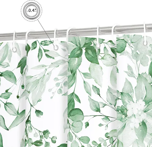 Miniatura 5 de Gibelle Cortina de ducha de eucalipto verde menta, hojas de plantas de acuarela con diseño floral, juego de cortina de ducha con ganchos, 72 x 72