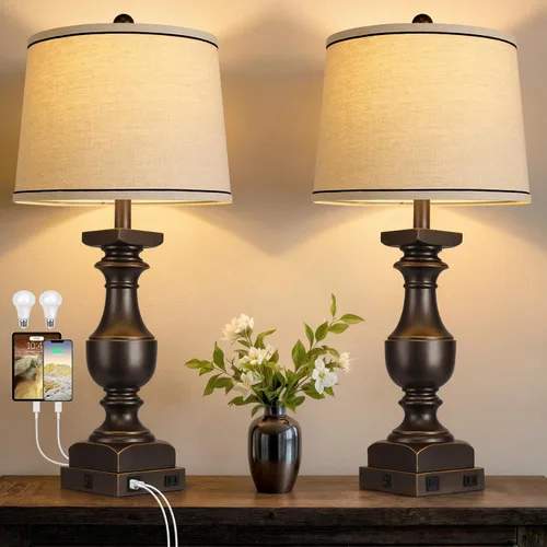 Juego de 2 lámparas de mesita de 28'' de estilo granja, lámparas de mesa color oro negro para mesa de noche, lámparas de escritorio con pantallas de