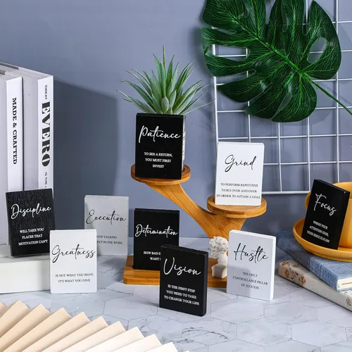 Miniatura 3 de Yulejo 9 mini letreros inspiradores de madera para oficina con definición positiva, estante de decoración de escritorio, regalo de alegría