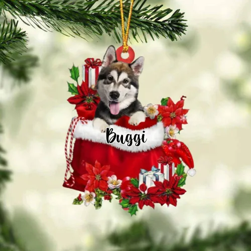 Miniatura 200 de Perro Akita Inu personalizado en bolsa de regalo, adorno de Navidad, nombre personalizado, regalo para amantes de los perros, familia, Navidad