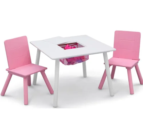 Delta Children Juego de mesa y silla para niños con almacenamiento (2 sillas incluidas), blanco/rosa