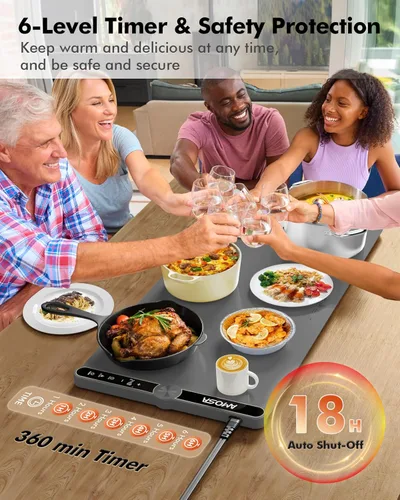 Miniatura 6 de Tapete de calentamiento para alimentos, calentador eléctrico de alimentos de calentamiento rápido con 9 niveles de temperatura y temporizador de 6