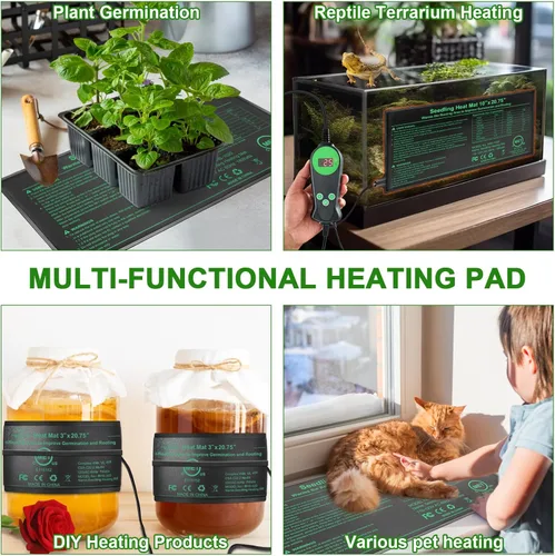 Miniatura 3 de Tapete térmico de plántulas con termostato integrado, paquete de 2 unidades, 10 x 20.75 pulgadas, almohadilla térmica impermeable para plantas