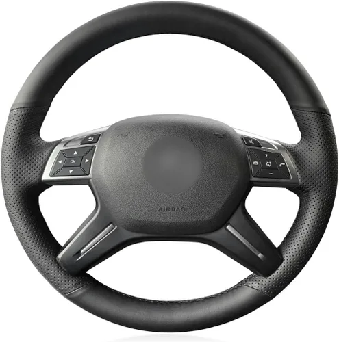 Hand-Stitched Black Leather Car Steering Wheel Cover, for Mercedes-Benz GL350 ML350 Ceed Cerato DIY Breathable Steering Wheel Covers Blue Thread
