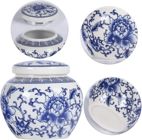 Miniatura 3 de XINGYAN Tarro de jengibre pequeño de cerámica de porcelana china tradicional azul y blanca con tapa, para almacenamiento de té, decoración