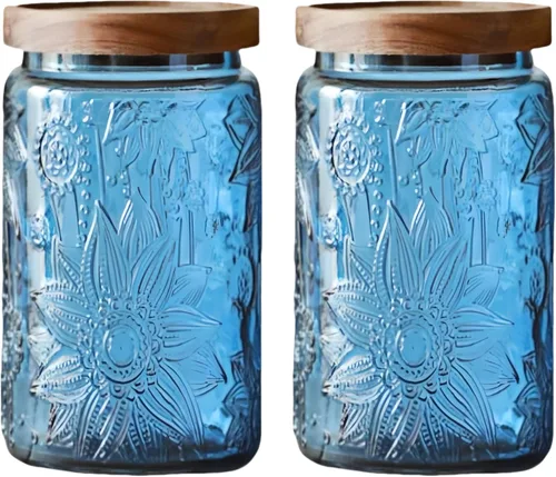 Miniatura 15 de Tarro de almacenamiento de vidrio vintage con tapa de madera maciza, recipiente de cocina con diseño de girasol para café, dulces, detergente