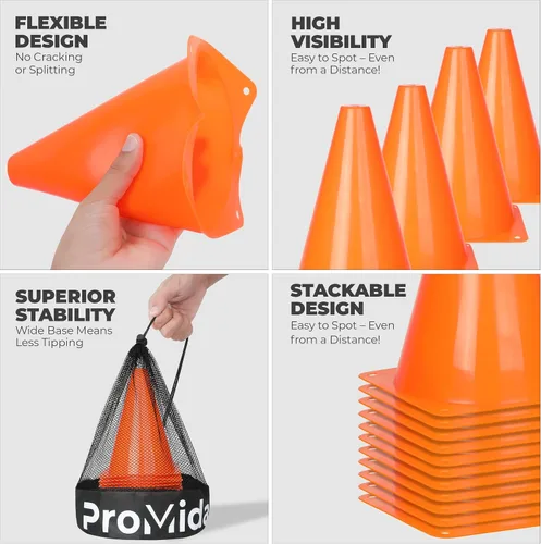 Miniatura 6 de Conos de fútbol de 7 pulgadas (12 piezas) para entrenar a niños con bolsa de malla, pequeños conos de tráfico para entrenamiento deportivo, conos