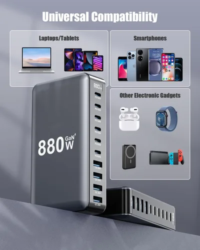Miniatura 3 de Bloque de cargador USB C de 880 W, estación de carga USB C de 10 puertos GaN IV, estación de carga de múltiples puertos esenciales de viaje