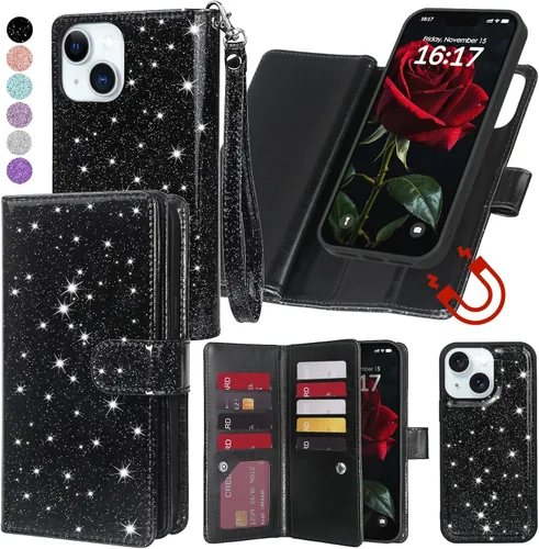 Varikke Funda tipo cartera desmontable para iPhone 15 con tarjetero para mujeres y niñas, correa de muñeca de piel sintética con purpurina a la