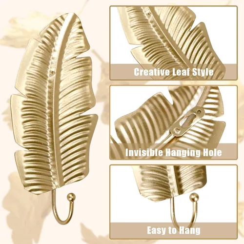 Miniatura 3 de 10 ganchos decorativos de pared con hojas doradas, ganchos para colgar abrigos, toallas, sombreros, perchas de metal para montaje en pared