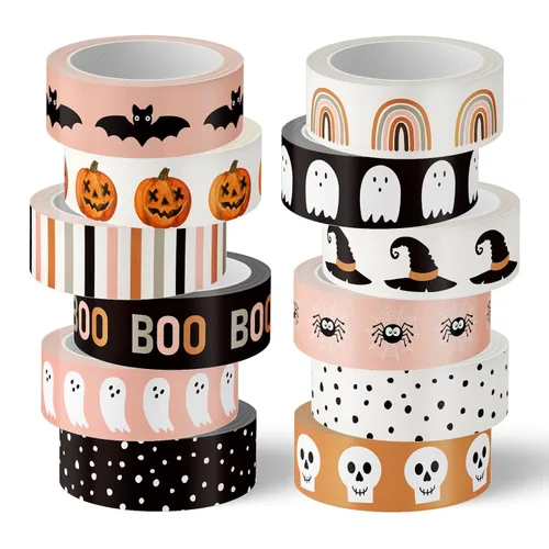 Miniatura 9 de Whaline 12 rollos de cinta Washi de Halloween, naranja y negro, calabaza, araña, murciélago, bruja, sombrero de bruja, cinta adhesiva de 0.591 in