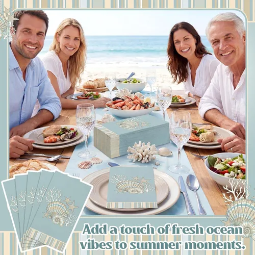 Miniatura 5 de Jetec 200 servilletas de papel costeras con conchas marinas, toallas de mano de papel para baño, desechables, diseño de estrella de mar azul marino