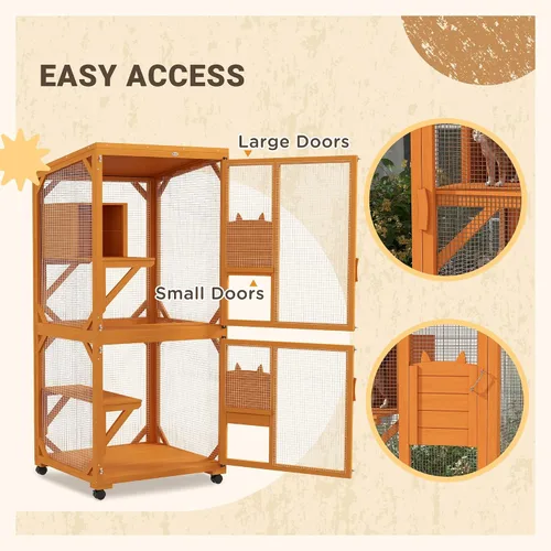 Miniatura 5 de Casa grande para gatos con caja de descanso alta, catio de madera de 71 pulgadas con techo de asfalto, recinto para gatos en interiores y exteriores