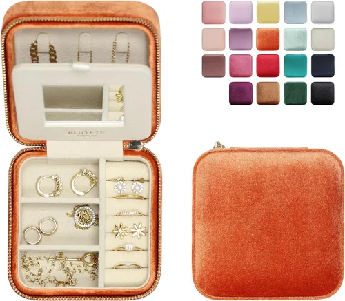 BLUTETE Joyero de viaje organizador de terciopelo con anillos de espejo, aretes, collares, caja organizadora de almacenamiento (naranja)
