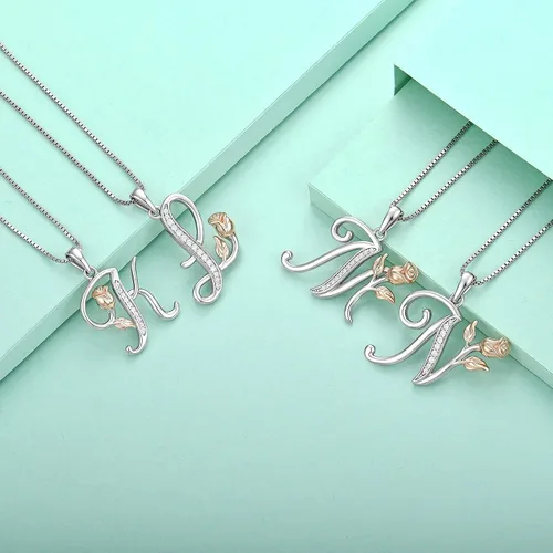 Miniatura 4 de STARCHENIE Collar con inicial para mujer, plata de ley, 26 letras del alfabeto, colgante de flor de rosa, regalos para familiares, hermanas y amigas