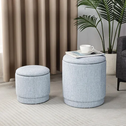 Miniatura 9 de Homebeez Juego de 2 otomanas redondas de almacenamiento, taburete tapizado de felpilla con tapa extraíble para sala de estar y dormitorio, asiento