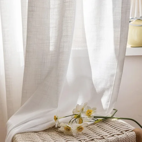 Miniatura 7 de 2 paneles de cortinas traslúcidas blancas de 54 pulgadas de largo, paneles transparentes de lino con textura para ventana, cortinas plisadas