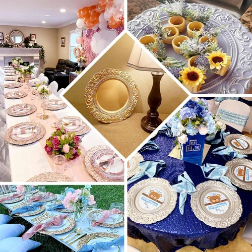 Miniatura 5 de Efavormart juego de 6 platos de plástico redondos de 35.56 cm, negro/dorado con diseño barroco grabado en el borde para eventos de boda y fiesta