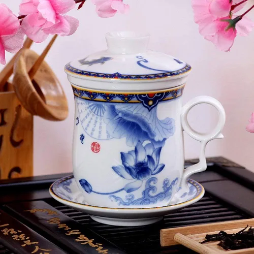 Miniatura 7 de Taza de té de porcelana con tapa de infusor y juegos de platillos Taza de café de cerámica china Jingdezhen Taza de té de hoja suelta Sistema