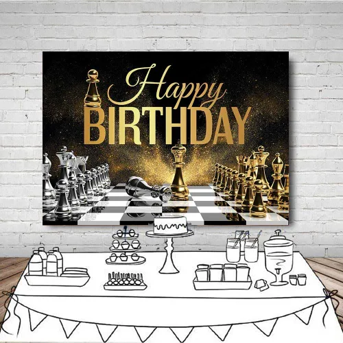Miniatura 5 de Telón de fondo de fiesta de cumpleaños con temática de ajedrez dorado y plateado, concurso de fotografía de fondo para niños, decoración