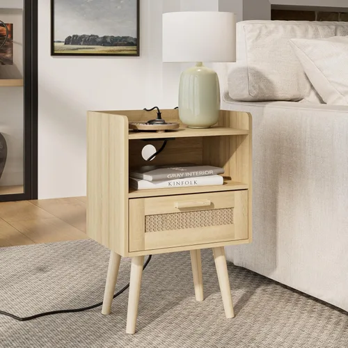Masupu Mesita de noche, mesita de noche pequeña con dos cajones, mesita de noche blanca, muebles de noche, mesa auxiliar moderna de mediados de