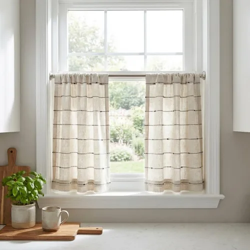 Piper Classics Farmcloth Stripe Tiers, Set/2, 24 pulgadas de largo x 36 W, granja rústica, crema natural con rayas negras, cortinas de café