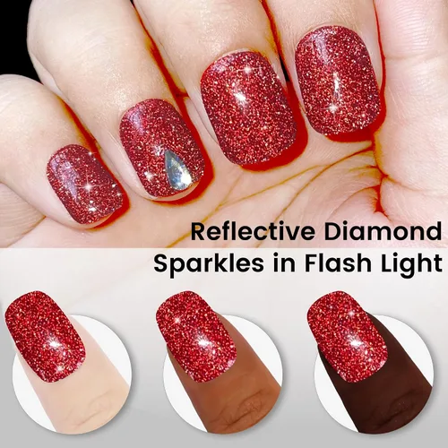 Miniatura 6 de YTD Likomey Esmalte de uñas de gel con purpurina reflectante, 15ml, esmalte de uñas de diamante brillante color rojo, uñas brillantes y brillantes