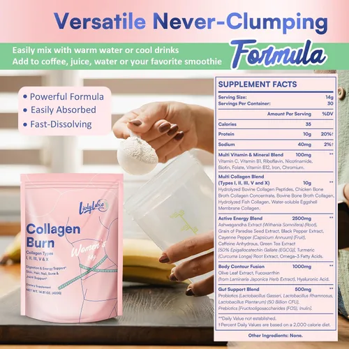 Miniatura 7 de LivLyLuxe Polvo de Colágeno Burn para Mujeres - Suplementos para Bajar de Peso para Quemar Grasa del Vientre, Potenciador del Metabolismo, Diseñado