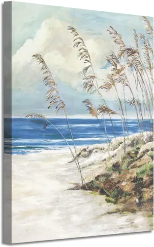 Miniatura 21 de Arte de pared enmarcado costero abstracto, imagen de silla de playa, pintura moderna del océano, impresiones de paisaje marino relajante, decoración