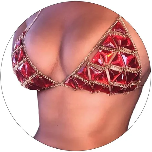 Jeweky - Brasier con diseño de triángulo rojo y piedras preciosas bohemias, joyería para el cuerpo de bikini de playa para mujeres y niñas