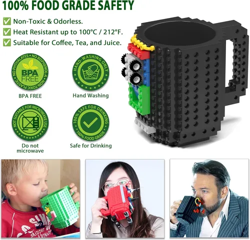 Miniatura 3 de DAYMOO Juego de tazas de ladrillo integradas con 3 paquetes aleatorios de ladrillos 2 en 1, tazas de café geniales para niños, creativas, Negro