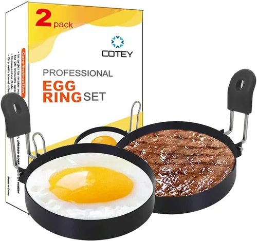 Miniatura 2 de COTEY Juego de 2 anillos de huevo de 3.5 pulgadas con mango de silicona, anillo grande para freír huevos, molde redondo para magdalenas inglesas