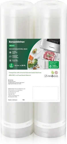 Bonsenkitchen Bolsas Selladoras al Vacío, Rollos de 11" x 20' Paquete de 2 para Conservación de Alimentos, Sin BPA, Resistente, Rollo de Alimentos
